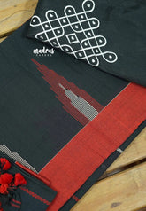 Black and Red khadi linen Saree with Kolam Embroidered Blouse and Assam Weave Sleeves